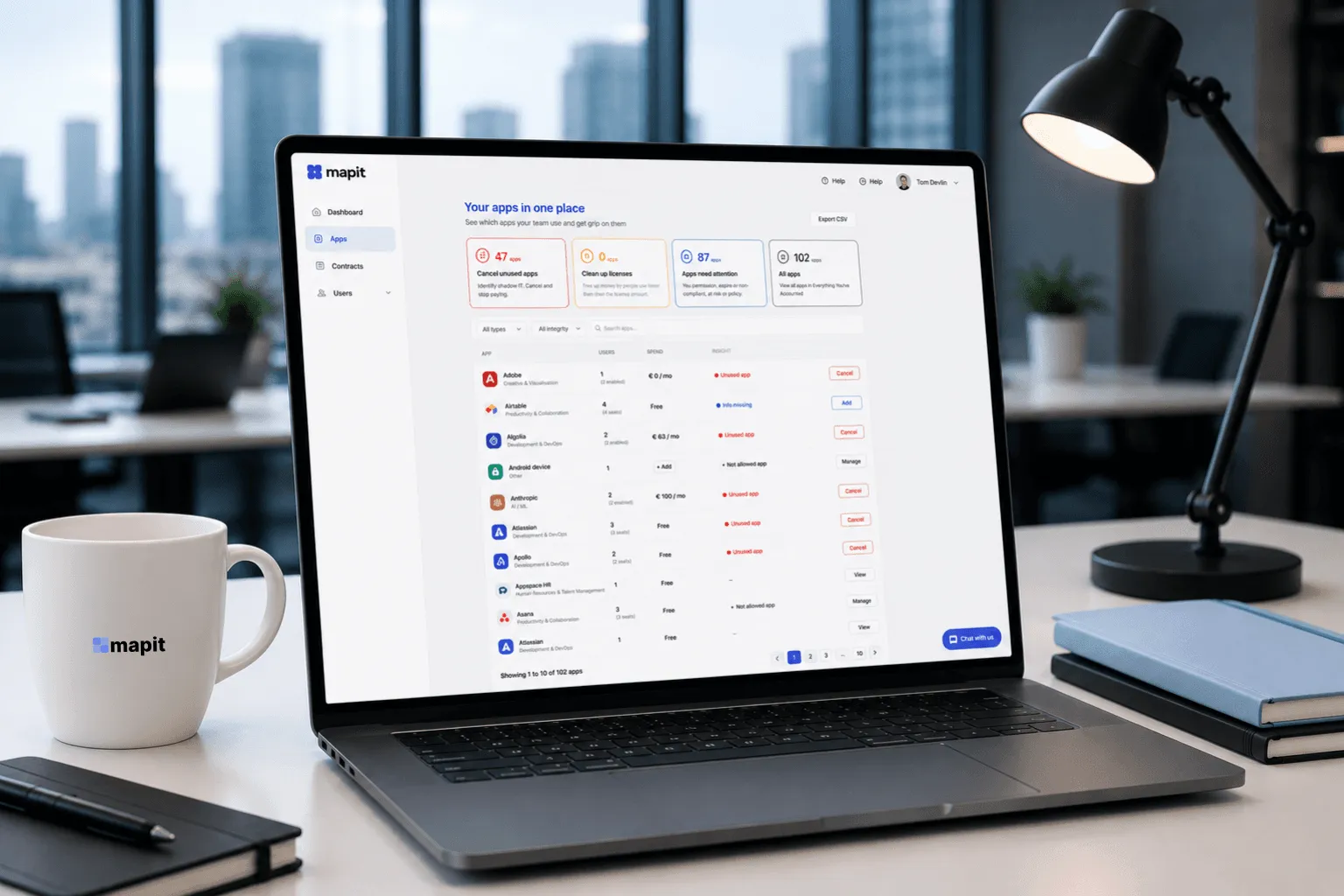 Het appoverzicht van Mapit op een laptop
